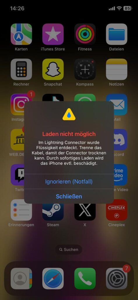 iPhone lädt nicht – Warnmeldung Flüssigkeit im Lightning Connector erkannt