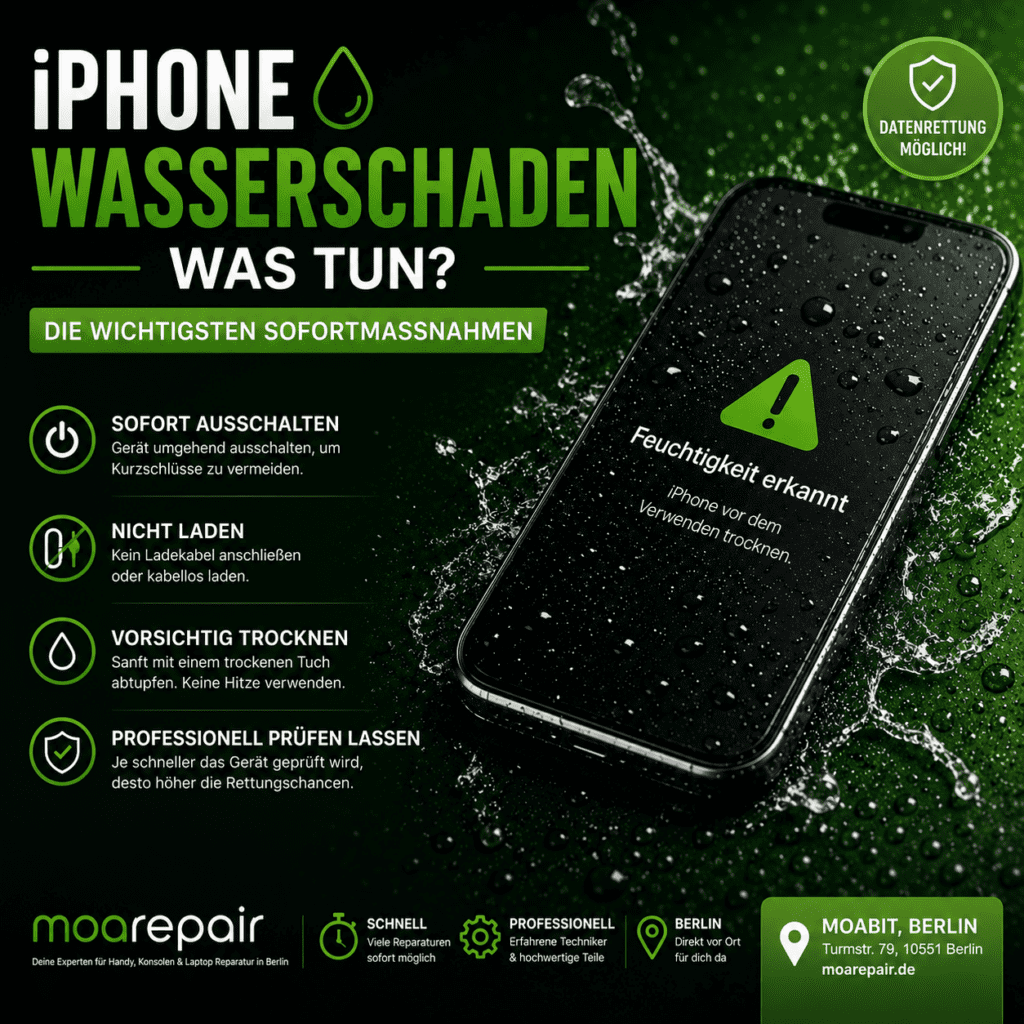 iPhone Wasserschaden Reparatur in Berlin – nasses iPhone mit Hinweisen zu Sofortmaßnahmen und Datenrettung von moarepair