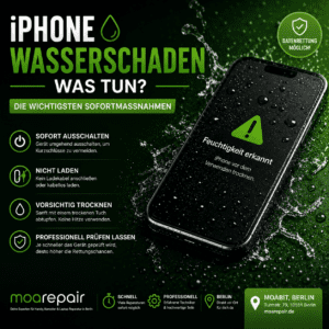 iPhone Wasserschaden Reparatur in Berlin – nasses iPhone mit Hinweisen zu Sofortmaßnahmen und Datenrettung von moarepair