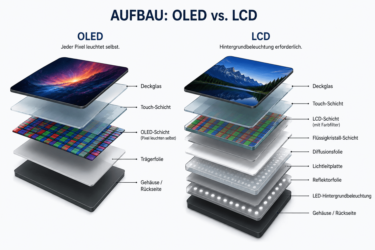 Vergleich des Aufbaus von OLED- und LCD-Displays mit allen Schichten: Deckglas, Touch-Schicht, OLED- bzw. LCD-Schicht, Trägerfolie und Hintergrundbeleuchtung