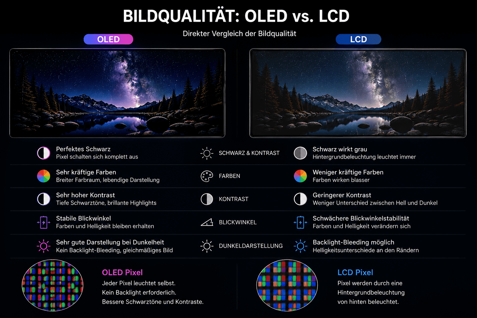 Direkter Vergleich der Bildqualität von OLED- und LCD-Displays: Schwarzwerte, Farben, Kontrast, Blickwinkel und Pixel-Struktur im Detail