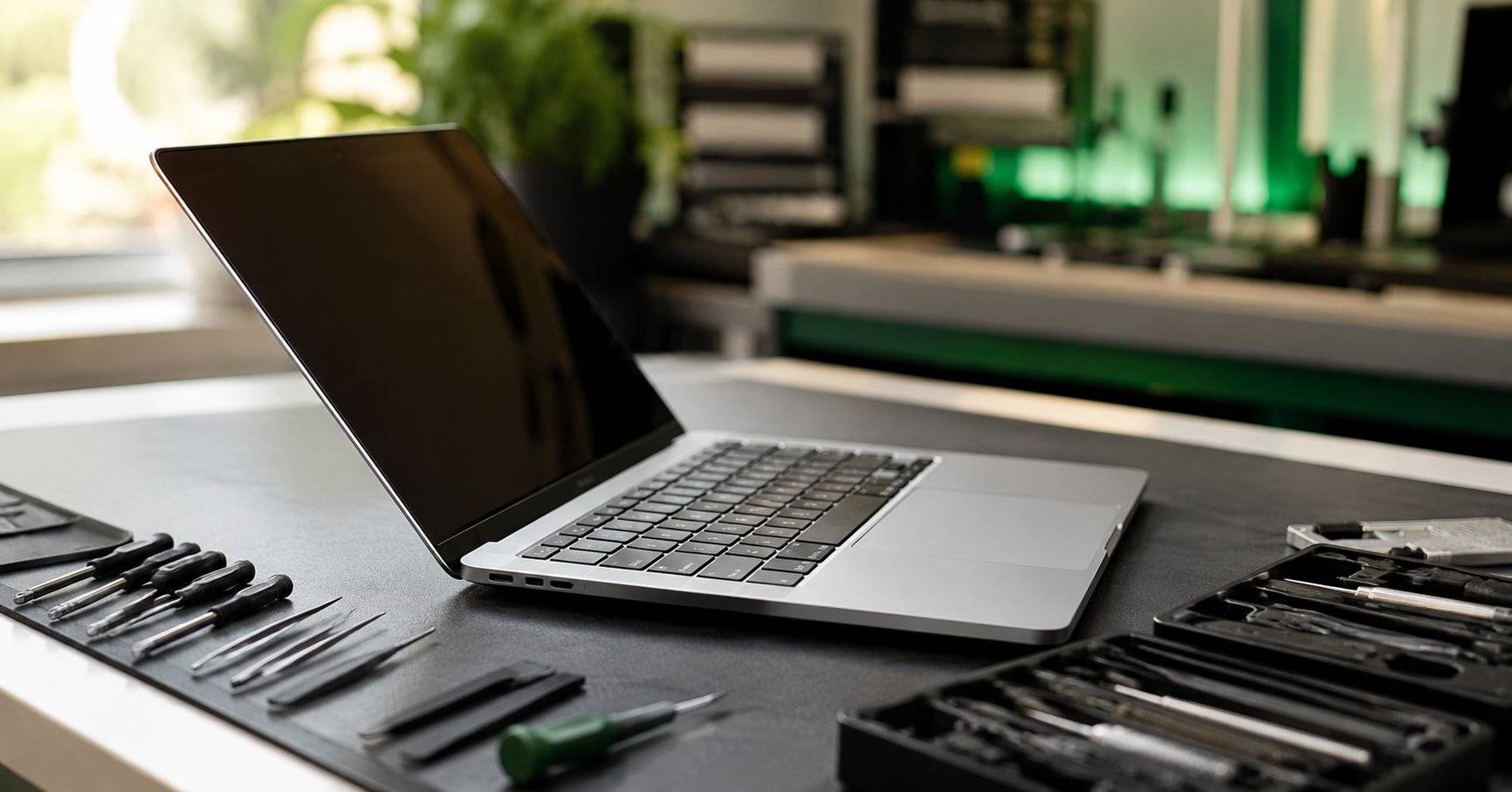MacBook Pro mit Reparaturwerkzeug auf der Werkbank – Flexgate Reparatur bei moarepair Berlin