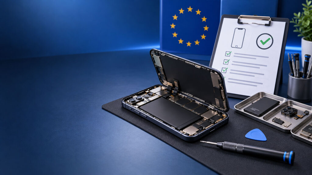 Geöffnetes Smartphone mit Reparaturwerkzeugen, Reparaturbericht und EU-Symbolik