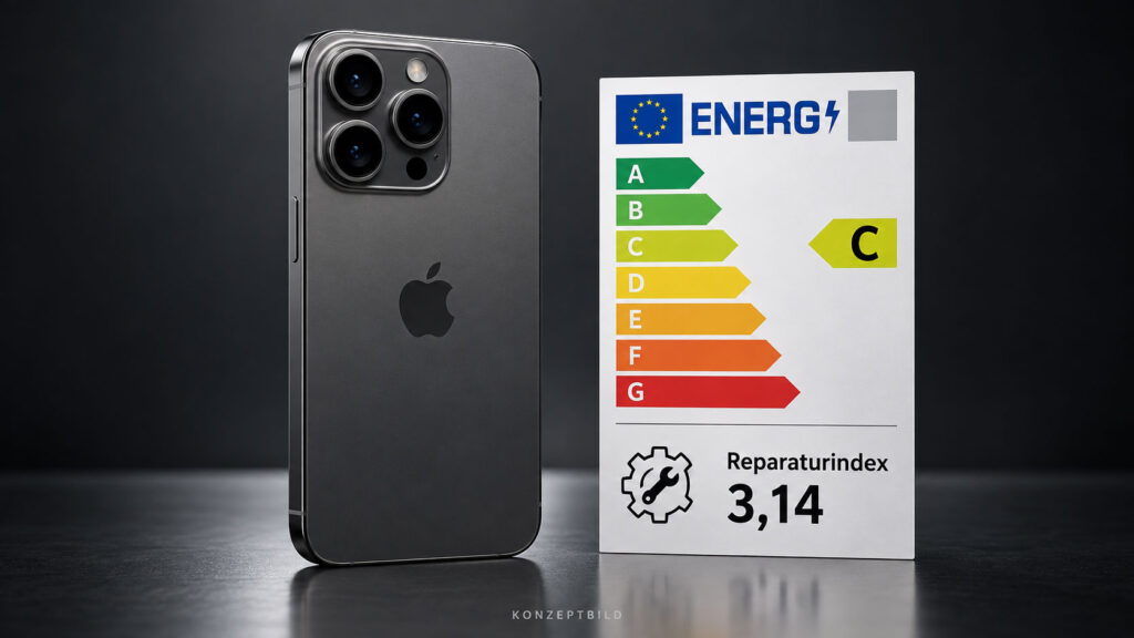 iPhone 18 Pro von hinten neben dem EU-Energielabel mit Reparaturindex 3,14 und Klasse C