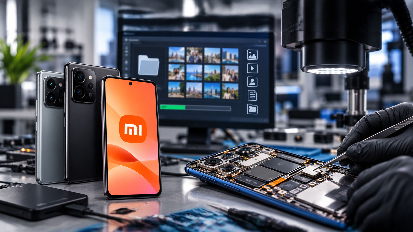 Xiaomi Datenrettung in Berlin: Techniker liest die Platine eines Redmi unter dem Mikroskop aus